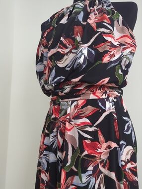 Tahari Black Halter Maxi Jumpsuit with Red & Pink Floral Print